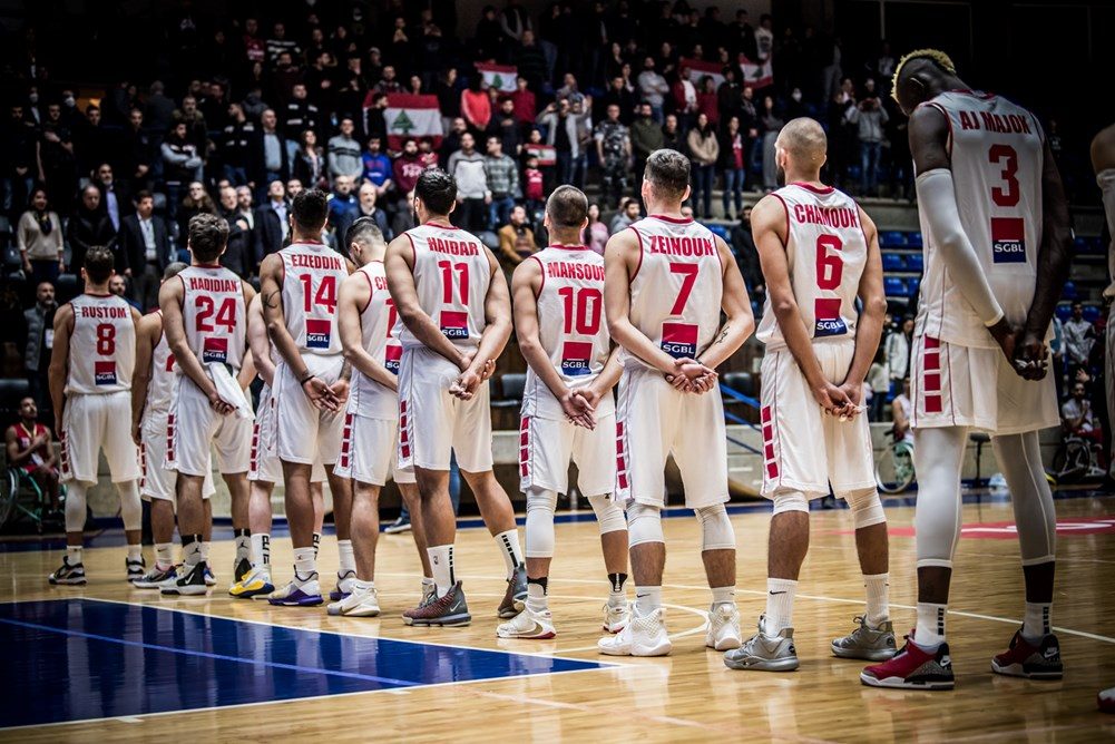 Lebanon national basketball team lined up on court