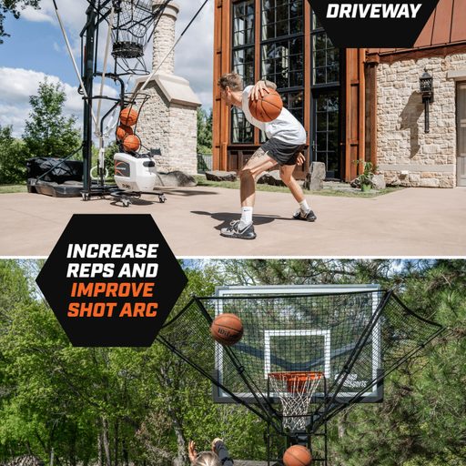 Player training with a Dr. Dish basketball machine on a driveway court