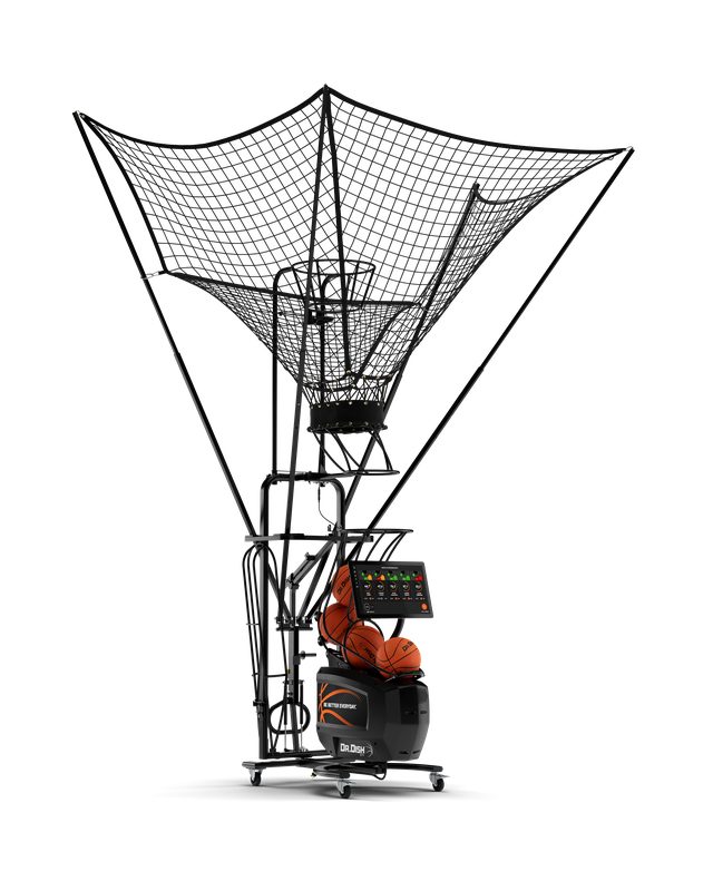 Dr. Dish basketball shooting machine with touchscreen and return net